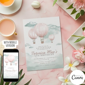 Modelo de convite de aniversário de balão de ar quente, convite para festa infantil de menina, celebração temática de aventura de princesa, download digital 188