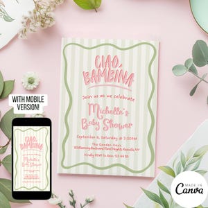 Ciao Bambina Baby Shower Invitation Template, Modern Invite for Girl, Squiggly Themed Electronic Evite, Baby Sprinkle Celebration 255