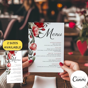 Red Roses Valentine's Day Restaurant Menu Template, Wedding Menu Card, Galentine's Party Lunch Decor, Wine List Card, Canva Template, VD20