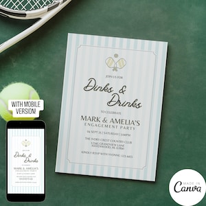 Plantilla de invitación para fiesta de compromiso con temática de pickleball, invitación para despedida de soltera en pareja en un club de campo, tarjeta para guardar la fecha con ilustración dibujada a mano, 337