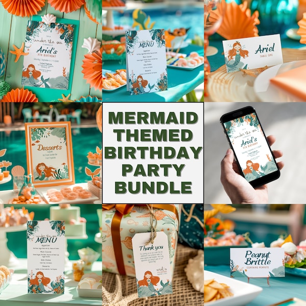 Pacchetto di modelli per feste di compleanno a tema sirena, invito di compleanno per bambini, cartello di benvenuto e menu per il brunch, decorazioni magiche sotto il mare, UTS1