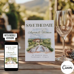 Italienischer Weinberg Save the Date Vorlage, Weingut Toskana Hochzeit Digitale Einladung, Aquarell Schloss Villa Illustration Pre-Wedding Card 244