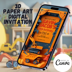 Birthday Party Invitation Template, Construction Themed Electronic Invite for Kids, 3d Paper Art Digital Evite for Boys, Editable Canva