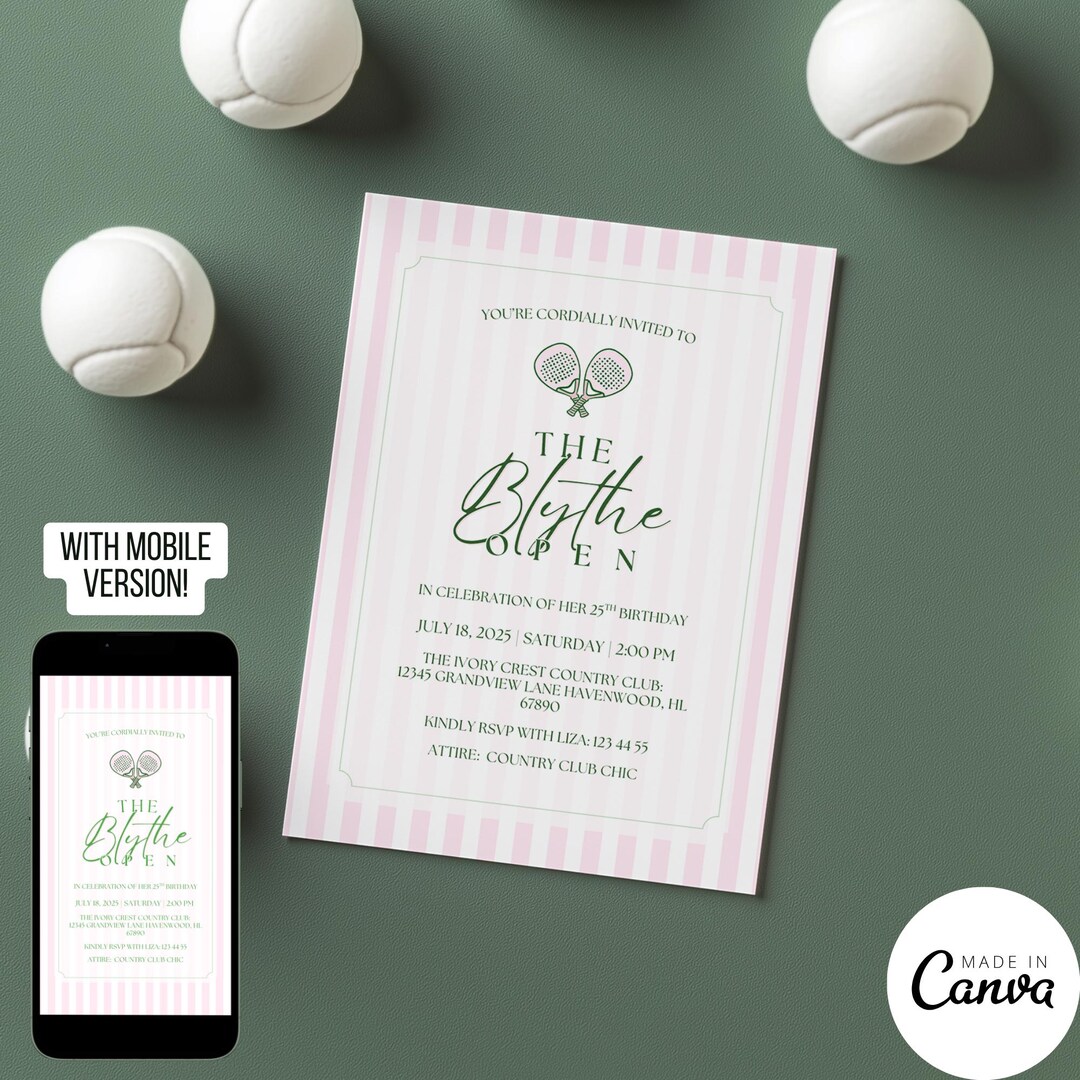 Padel Ball Themed Birthday Invitation Template, Hand Drawn Ladies Open ...