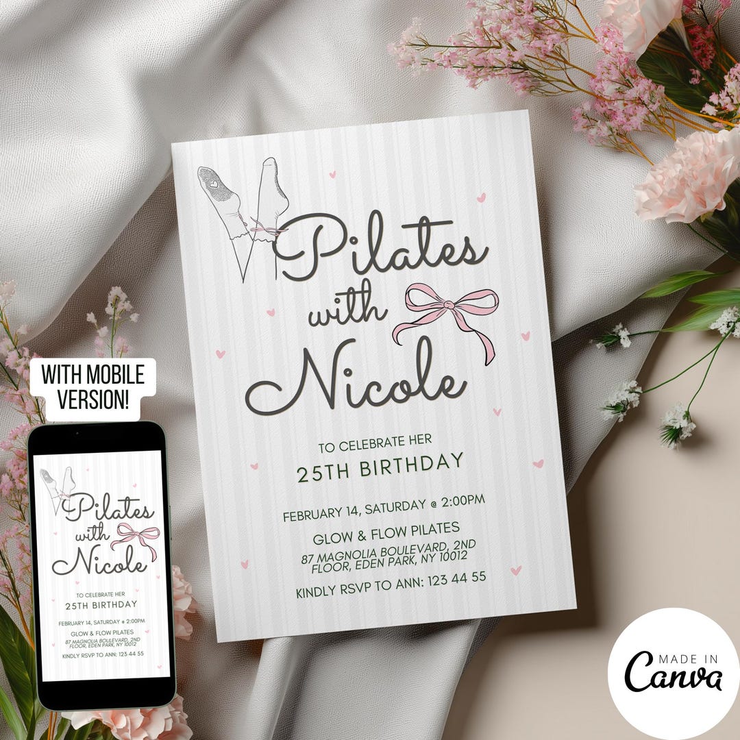 Pilates Class Birthday Invitation Template, Ribbon Coquette Decor ...
