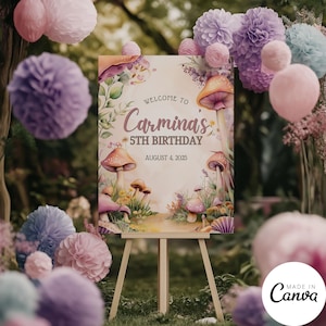 Plantilla de cartel de bienvenida de bosque encantado, póster de recepción de jardín mágico editable, celebración de quinceañera en restaurante con temática de jardín secreto, 228