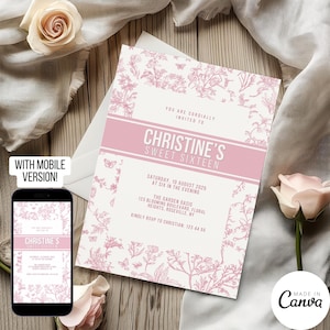Designer Toile De Jouy Invitation Template, High End Luxury Sweet 16 Invite, 40th Birthday Digital Evite, Editable Save the Date 109
