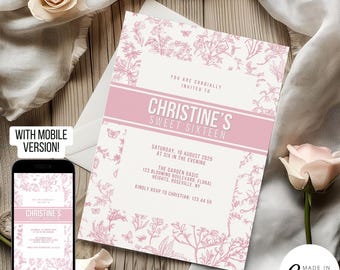 Designer Toile De Jouy Invitation Template, High End Luxury Sweet 16 Invite, 40th Birthday Digital Evite, Editable Save the Date 109