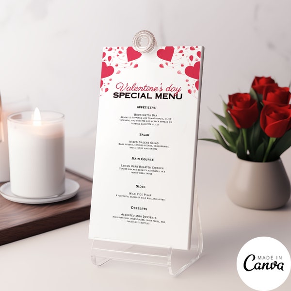 Valentine's Restaurant Menu Template, Wedding Menu Card, Galentine's Party Lunch Menu, Editable Canva Template, Valentine's Day Decor