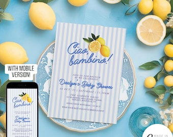 Ciao Bambino Baby Shower Invitation Template, Citrus Lemon Invite for Boy, Italian Summer Theme Electronic Evite, Digital Download 174
