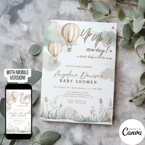 Könnte beinhalten: Babyparty-Einladung mit einem Aquarelldesign mit Heißluftballons, Wolken und floralen Elementen. Die Einladung enthält den Text "Up Up & away!" und Veranstaltungsdetails. Eine mobile Version wird ebenfalls angezeigt.