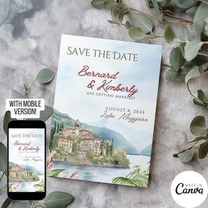 Modello Save the Date Lago Maggiore, Invito digitale per matrimonio in destinazione italiana, Invito pre-matrimonio ad acquerello Garden Villa 185