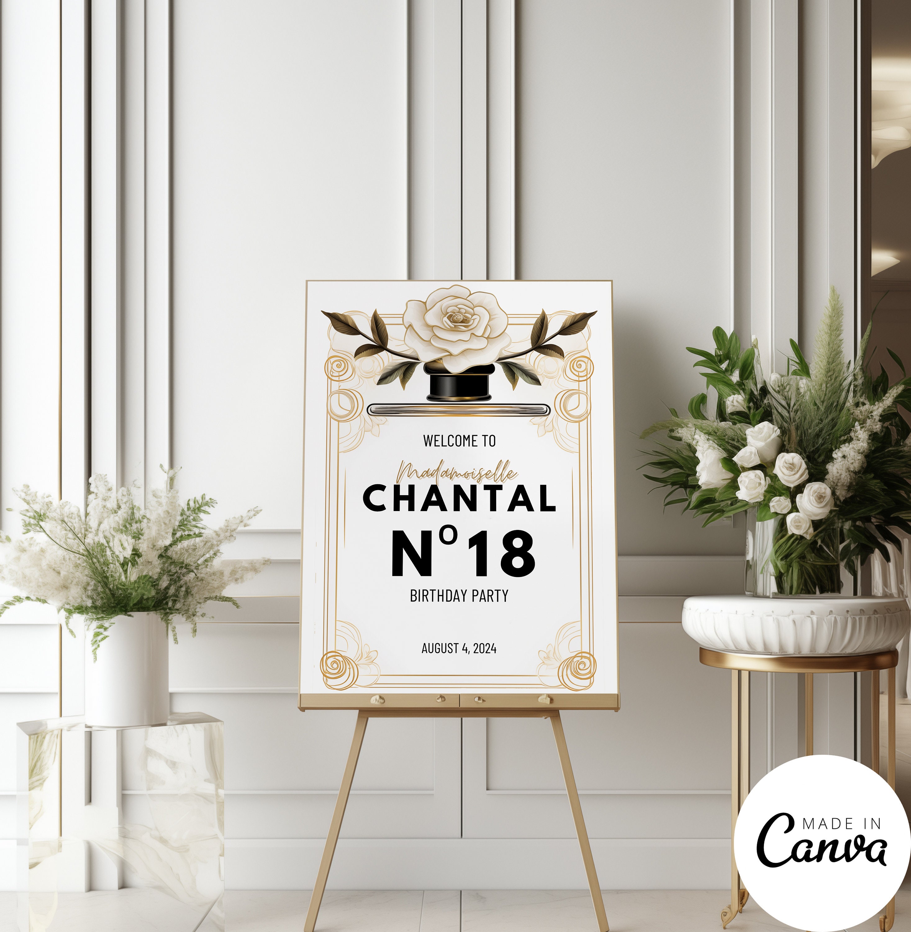 Birthday Welcome Sign Template, High End Perfume No 5 Welcome Poster for Sweet 16, Luxury Decor for Brunch