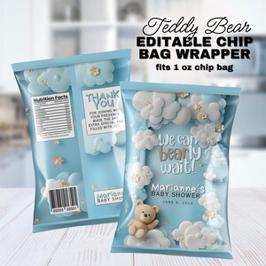 Modèle de conception de sac à jetons pour baby shower ours en peluche, cadeau de fête nous pouvons attendre longtemps, cadeau à thème imprimable Up and Away, papier d'art 3D