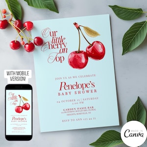 Our Little Cherry Invitation Template, Coquette Themed Baby Shower Invite for Son,Newborn Welcome Brunch Party Evite, Editable Download, 128