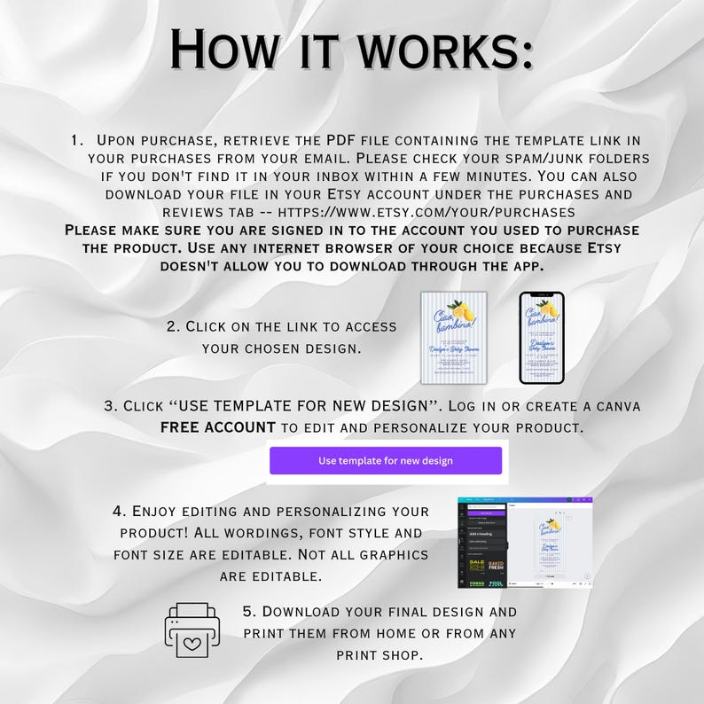 May include: A white background with a step-by-step guide on how to use a digital template. The guide includes instructions on how to download the template, access the design, and edit it using Canva. The image also includes a button that says "Use template for new design".