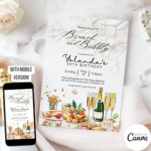 May include: A white invitation with floral accents for a brunch and bubbly celebration of Yolanda's 50th birthday. The invitation includes the date, time, and location of the event. The invitation also includes a floral illustration of champagne glasses and a plate of pastries.