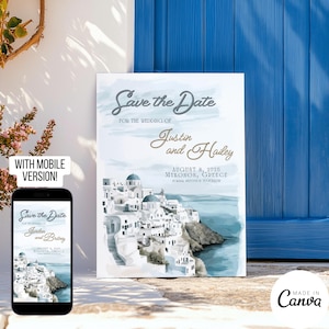 Modello Save the Date mediterraneo, invito digitale per matrimonio a destinazione disegnato a mano, biglietto d'invito pre-matrimonio con illustrazione a tema Grecia