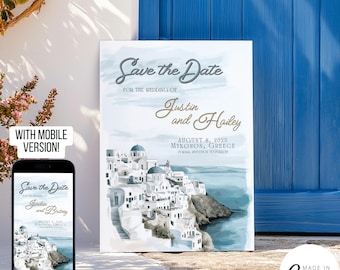 Mediterranean Save the Date Template, Hand Drawn Destination Wedding Digital Invite, Greece themed Illustration Pre-Wedding Invitation Card