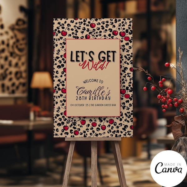 Let's Get Wild Cherry themed Welcome Sign Template, Cheetah Print Birthday Decor, Girls Night Out Party Restaurant Display, 251