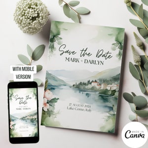 Modello salva data sul Lago di Como, invito digitale per matrimonio di destinazione, biglietto d'invito pre-matrimonio con acquerello in villa in giardino