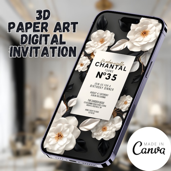 Designer Birthday Brunch Invitation Template, High End Luxury Digital Invite, Sweet 16 Bday Evite, Save the Date, 3D Paper Art, CHANTAL