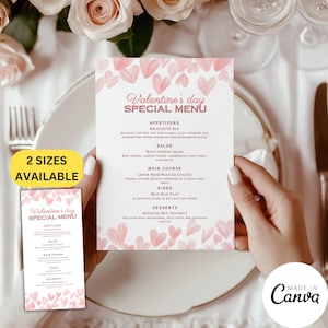 Plantilla de menú de restaurante para San Valentín, tarjeta de menú de boda, menú de almuerzo para fiesta de Galentine, plantilla editable de Canva, Coquette Decor VD21