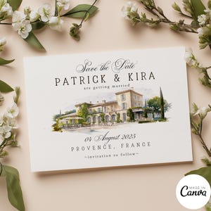 Südfrankreich Save the Date Vorlage, Hochzeit Digitale Einladungskarte, Schloss Villa Illustration 107