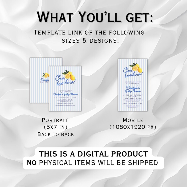 May include: A digital download for a baby shower invitation template. The template features a blue and white striped background with lemons and the text "Ciao bambina!" in blue. The invitation is available in two sizes: 5x7 inches for portrait and 1080x1920 pixels for mobile.