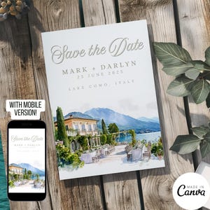 Modello Save the Date per il Lago di Como, invito digitale per matrimonio a destinazione disegnato a mano, illustrazione di Garden Villa, biglietto d'invito pre-matrimonio 099