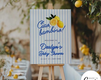 Ciao Bambino Welcome Sign Template, Citrus Lemon Baby Shower Reception Poster for Boy, Birthday Party Restaurant Sign, Modern Minimalist 174