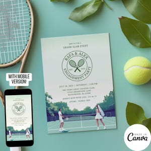 Plantilla de invitación para fiesta de compromiso con temática de tenis, invitación para despedida de soltera en pareja en un club de campo, tarjeta con ilustración dibujada a mano para guardar la fecha, 314