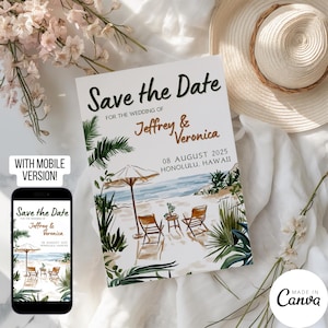 Modello Save the Date per matrimonio in spiaggia, invito digitale per matrimonio a destinazione disegnato a mano, invito pre-matrimonio Hawaii digitale da scaricare 155