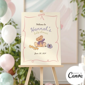Babyparty-Willkommensschild-Vorlage, handgezeichnetes Teddybär-Empfangsplakat, handgeschriebene Pastellbeschilderung, personalisierte Kulisse 053