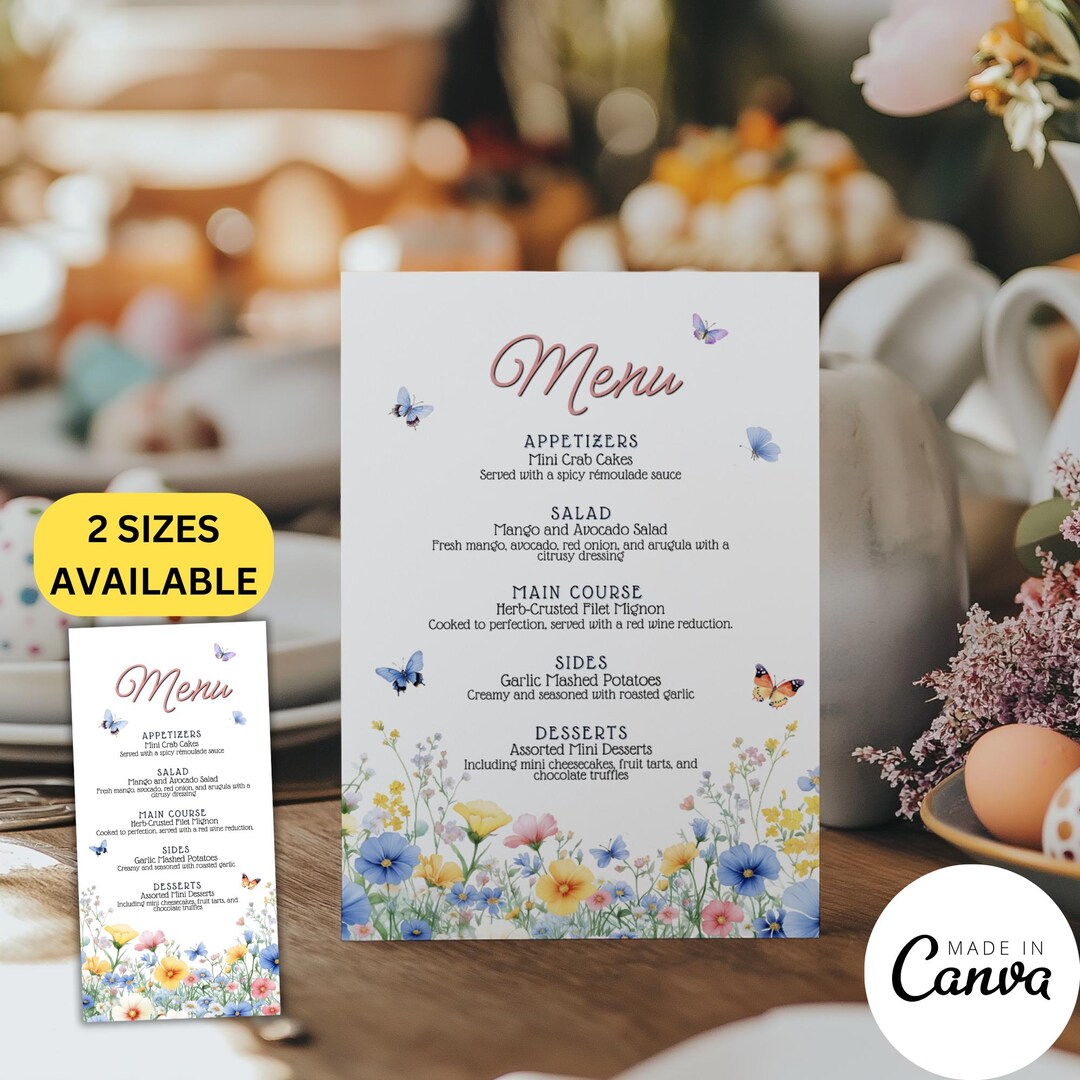 Spring Menu Card Spring Wedding Menu Card Template, Outdoor Garden Birthday Brunch Menu ...