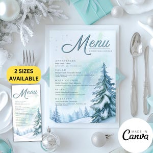 Noorderlicht kerstmenukaartsjabloon, vakantie bruiloftsmenu brief, Winter Wonderland brunch eten buffetbord, bewerkbare download XM49