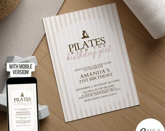 Modello di invito per festa di Pilates, invito per brunch di compleanno Ribbon Coquette, biglietto di addio al nubilato per studio di Hot Yoga, download digitale 375