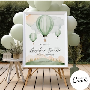 Modello di cartello di benvenuto per baby shower, poster di ricevimento in mongolfiera, segnaletica in colori pastello Oh Baby, sfondo personalizzato, Canva modificabile
