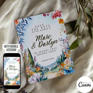 Südfrankreich Save the Date Vorlage, Hochzeit Digitale Einladungskarte, Schloss Villa Illustration 132