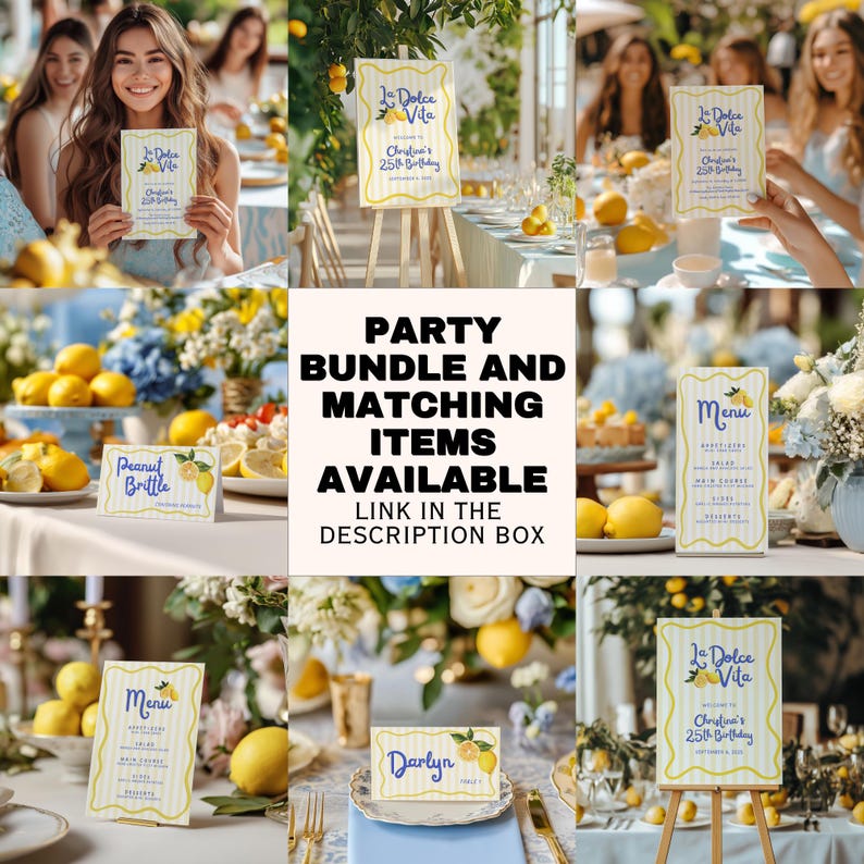 Pu&ograve; includere: Un collage di decorazioni per feste a tema limone. Include cartelli con il testo "La Dolce Vita" e "Menu", segnaposto e un cartello con la scritta "25&deg; compleanno di Christina". &Egrave; visibile anche il testo "Pacchetto festa e articoli coordinati disponibili".