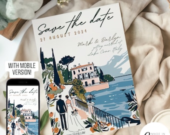 May include: Save the date card with a watercolor illustration of a couple walking towards a villa on Lake Como, Italy. The text reads "Save the date" and "27 August 2024" with the names "Mark & Darlyn" and the phrase "getting married at Lake Como, Italy".
