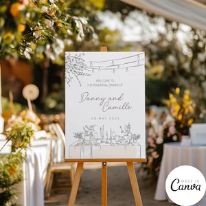 Könnte beinhalten: Ein weißes Schild mit schwarzem Text und Illustrationen, das zu einem Probeessen für Danny und Camille am 8. Mai 2025 einlädt. Das Schild zeigt eine Zeichnung einer gedeckten Tafel mit Kerzen, Blumen und Tellern.