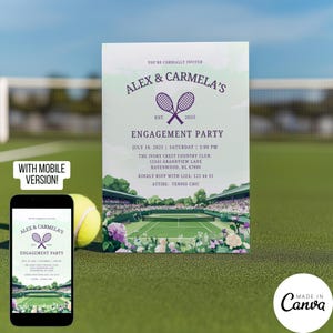 Sjabloon verlovingsfeestje tennisthema, Country Club paar douche uitnodigen, handgetekende illustratie Save the Date Card, 315