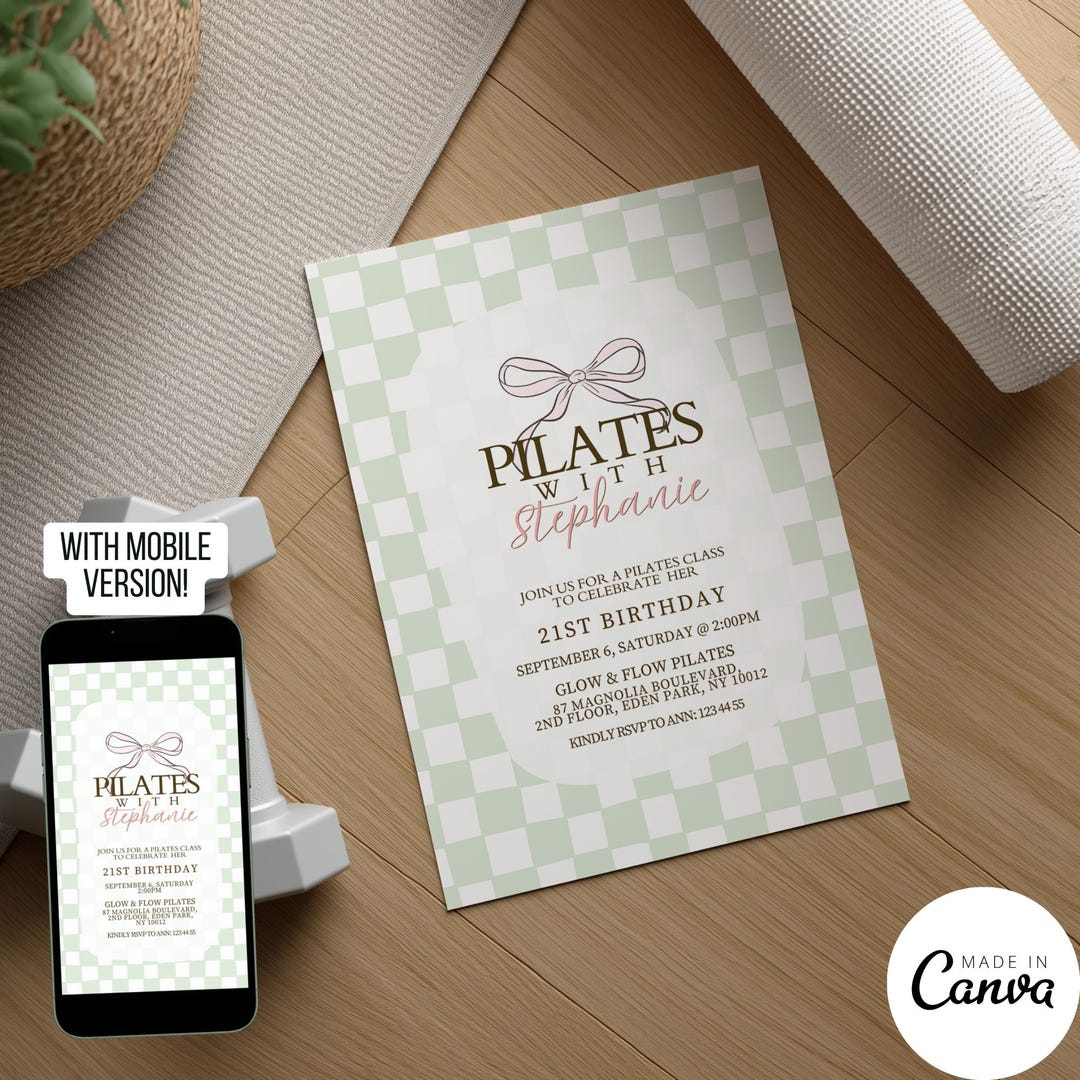 Pilates Class Birthday Invitation Template, Ribbon Coquette Decor ...