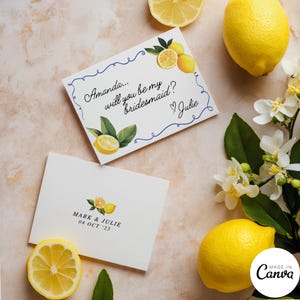 Modello di biglietto di proposta per damigella d'onore al limone e agrumi, disegnato a mano, vuoi essere la mia damigella d'onore stampabile, nota pre-matrimonio fai da te personalizzata, 173