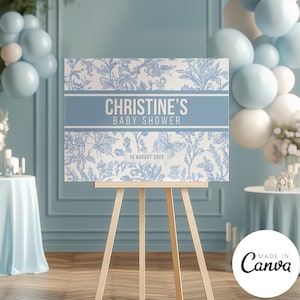 Plantilla de letrero de bienvenida para baby shower de diseñador Toile de Jouy, póster de bienvenida de diseño de lujo para recién nacidos para niño, decoración elegante francesa 112