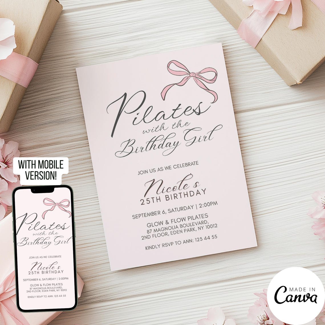 Pilates With the Birthday Girl Invitation Template, Ribbon Coquette ...