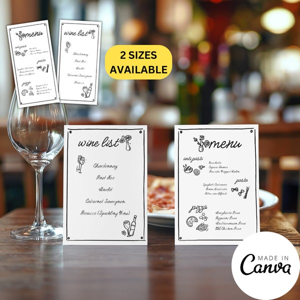 Pizza and Wine Menu Card Template, Italian Themed Birthday Dinner Menu Letter, Hand Drawn Restaurant Food Buffet Sign,  Editable Wine list