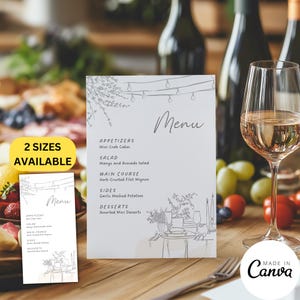 Hinterhof Geburtstagsmenü Kartenvorlage, Linie Zeichnung Illustration Hochzeit Brunch Menü Brief, Intim Sweet 16 Abendessen Essen Buffet Schild, 059