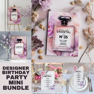 Mini paquete de plantilla de fiesta de cena de cumpleaños de diseñador, invitación de perfume de lujo de alta gama n.° 5, cartel de bienvenida y tarjeta de menú para brunch, PF4